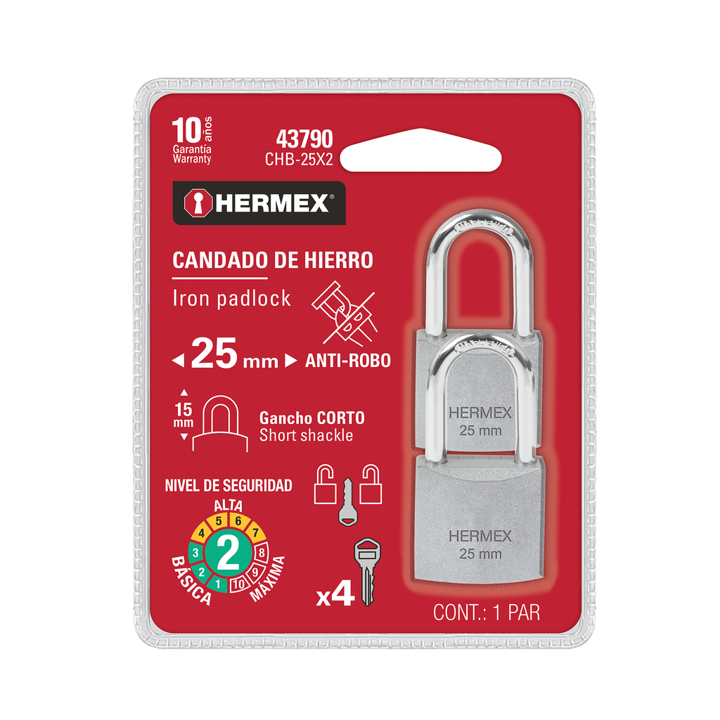 Juego de candados de hierro, gancho corto, en blíster