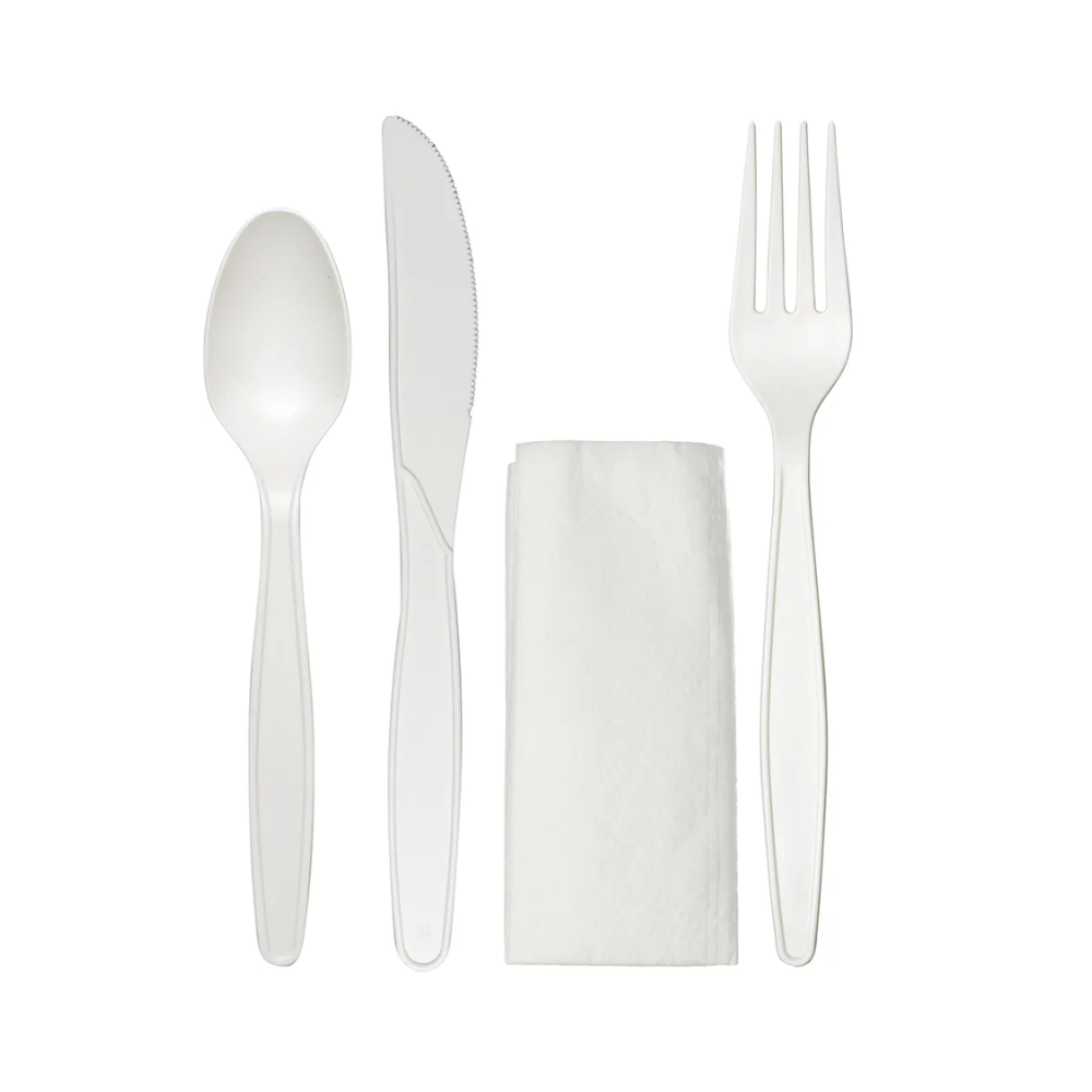 Juego de Cubiertos en PP Blancos con Servilleta de Papel (250u)