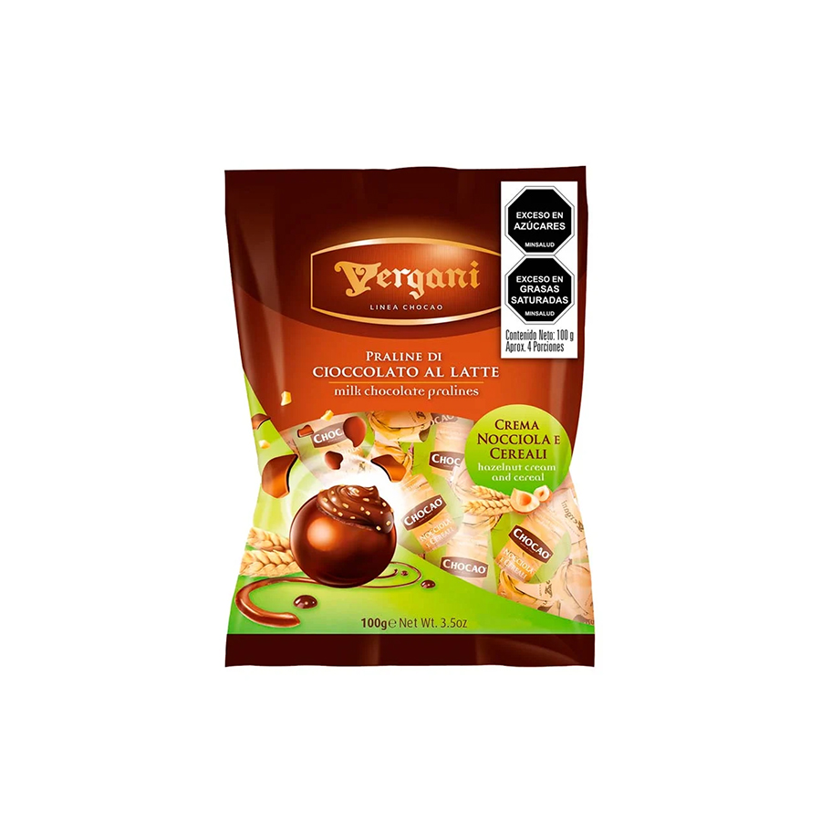 Praline de Chocolate C/Leche Relleno C/Crema de Avellana y Cereal CHOCAO VERGANI (100g)