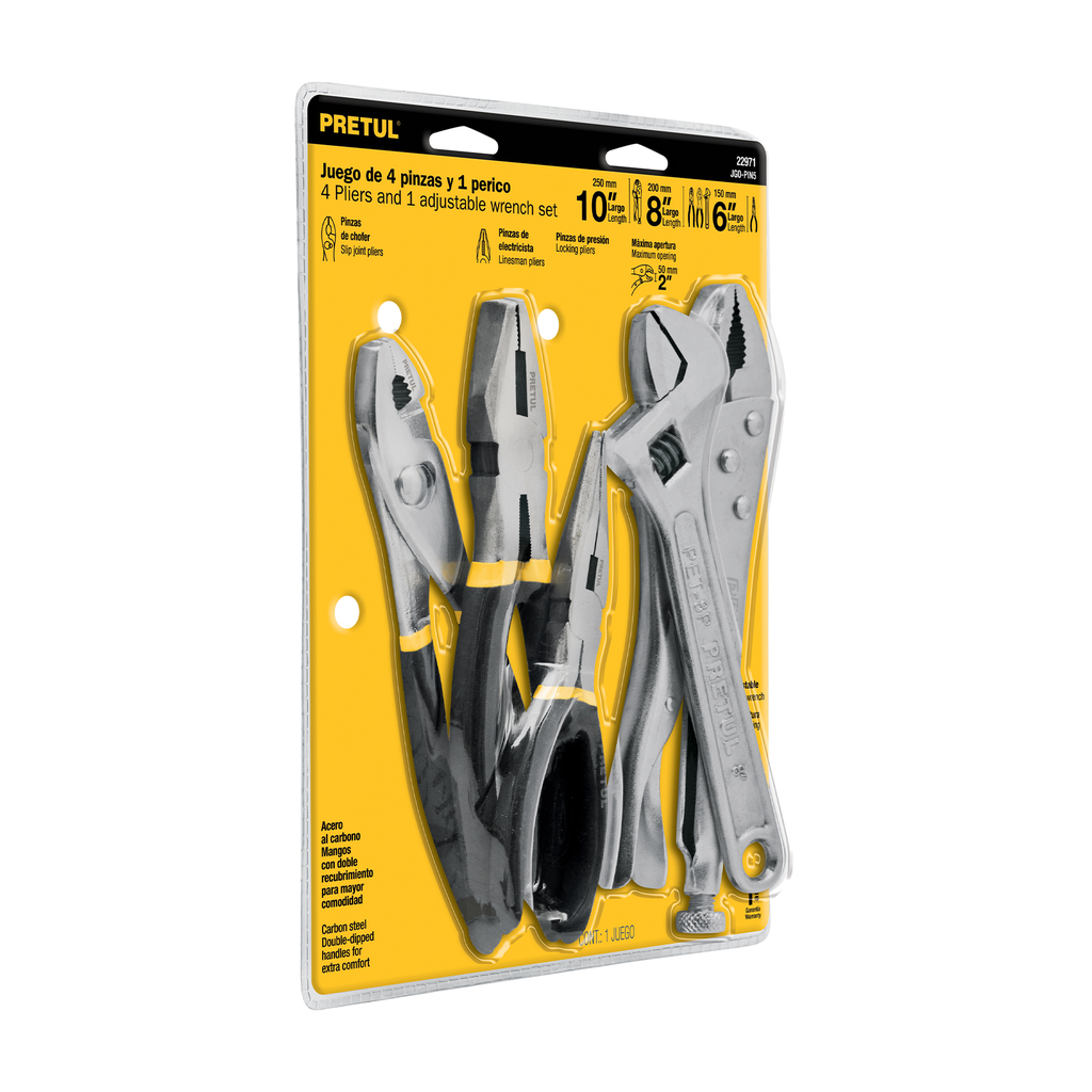 Juego de 4 pinzas y 1 llave ajustable mango de vinil, Pretul